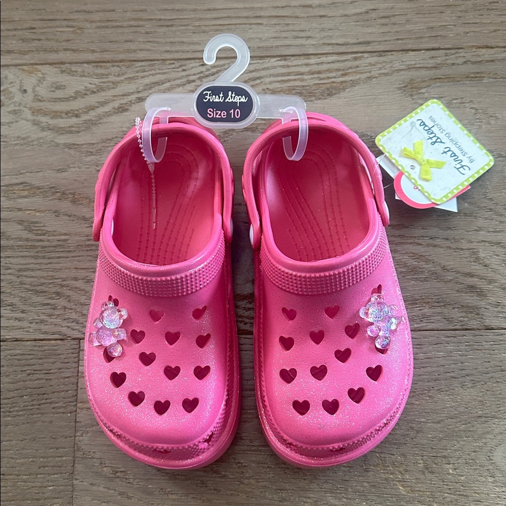 First Steps Pink Slip On Waterproof Clog Shoes with Heart Design & Bear Charm
